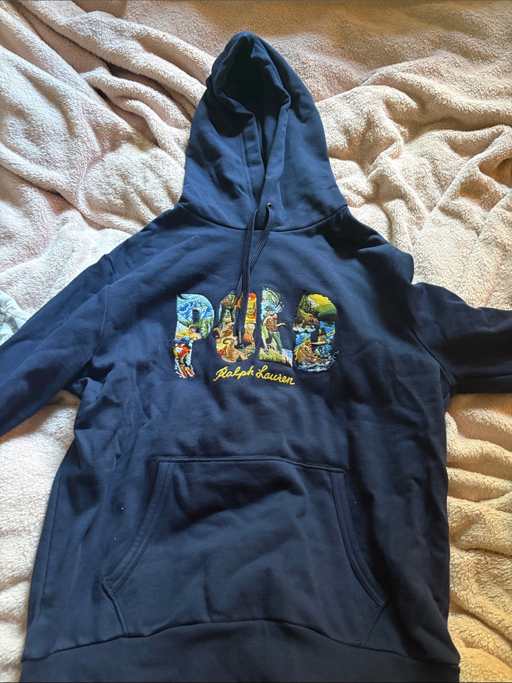 Ralph Lauren Navy Crewneck Hoodie with Multicolor POLO Embroidery